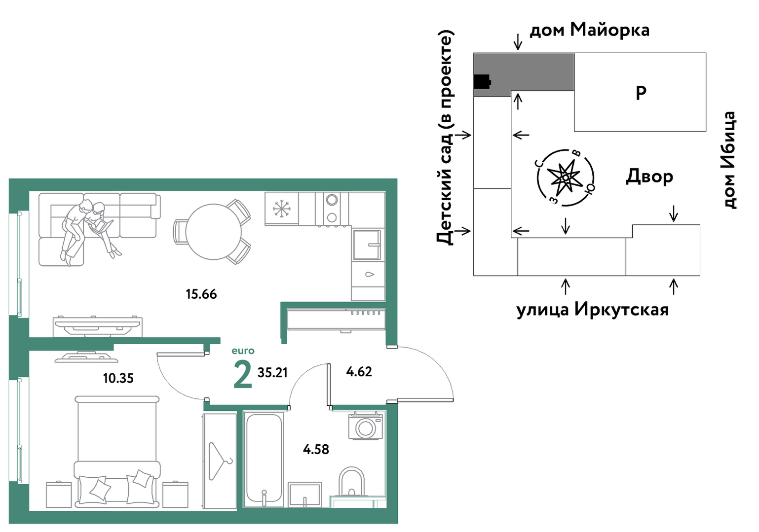 Планировка: Евродвушка 35.2 м² в ЖК Остров-сад, ДОК