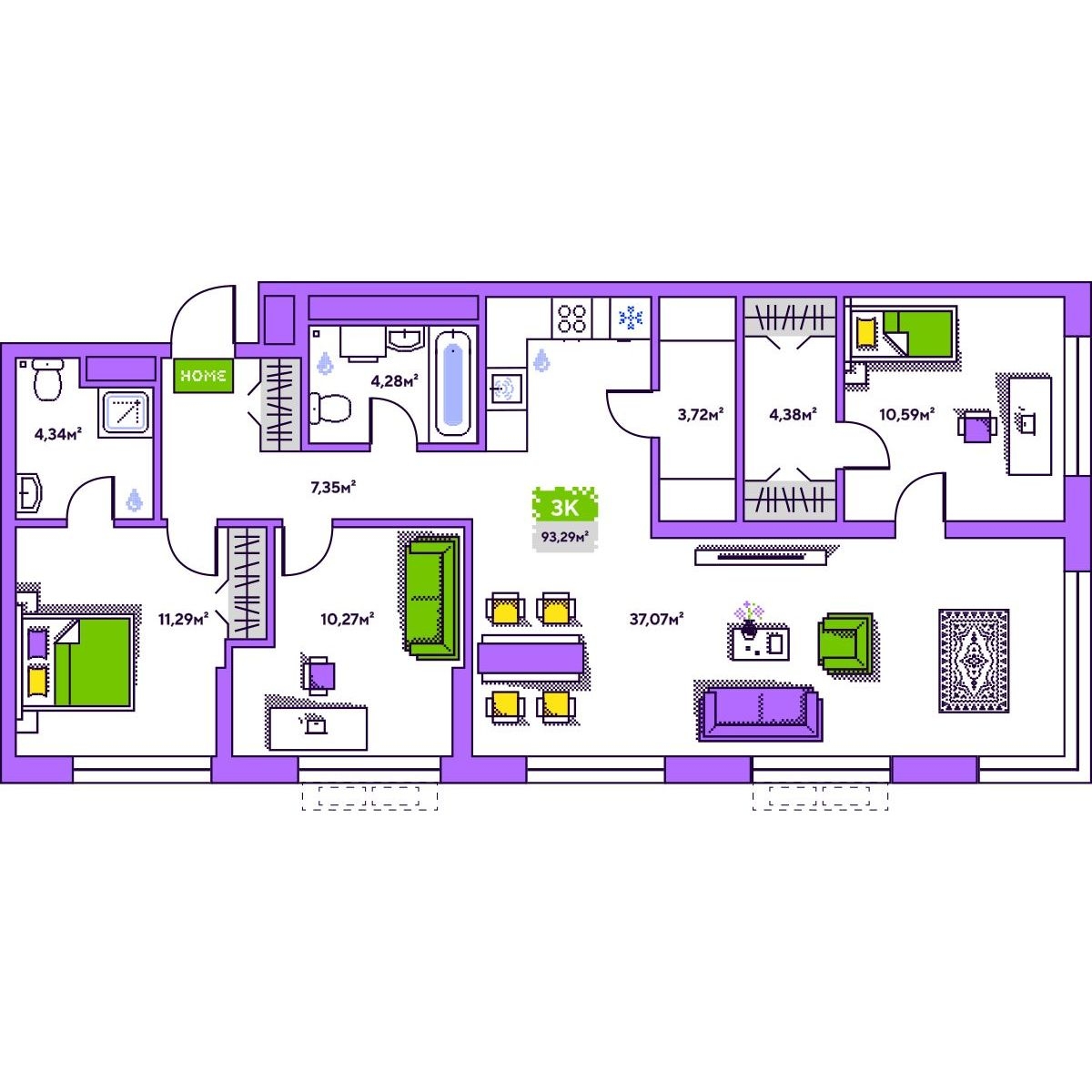 Планировка: 4-комнатная евро 93.3 м² в ЖК Плэй, Дом Обороны