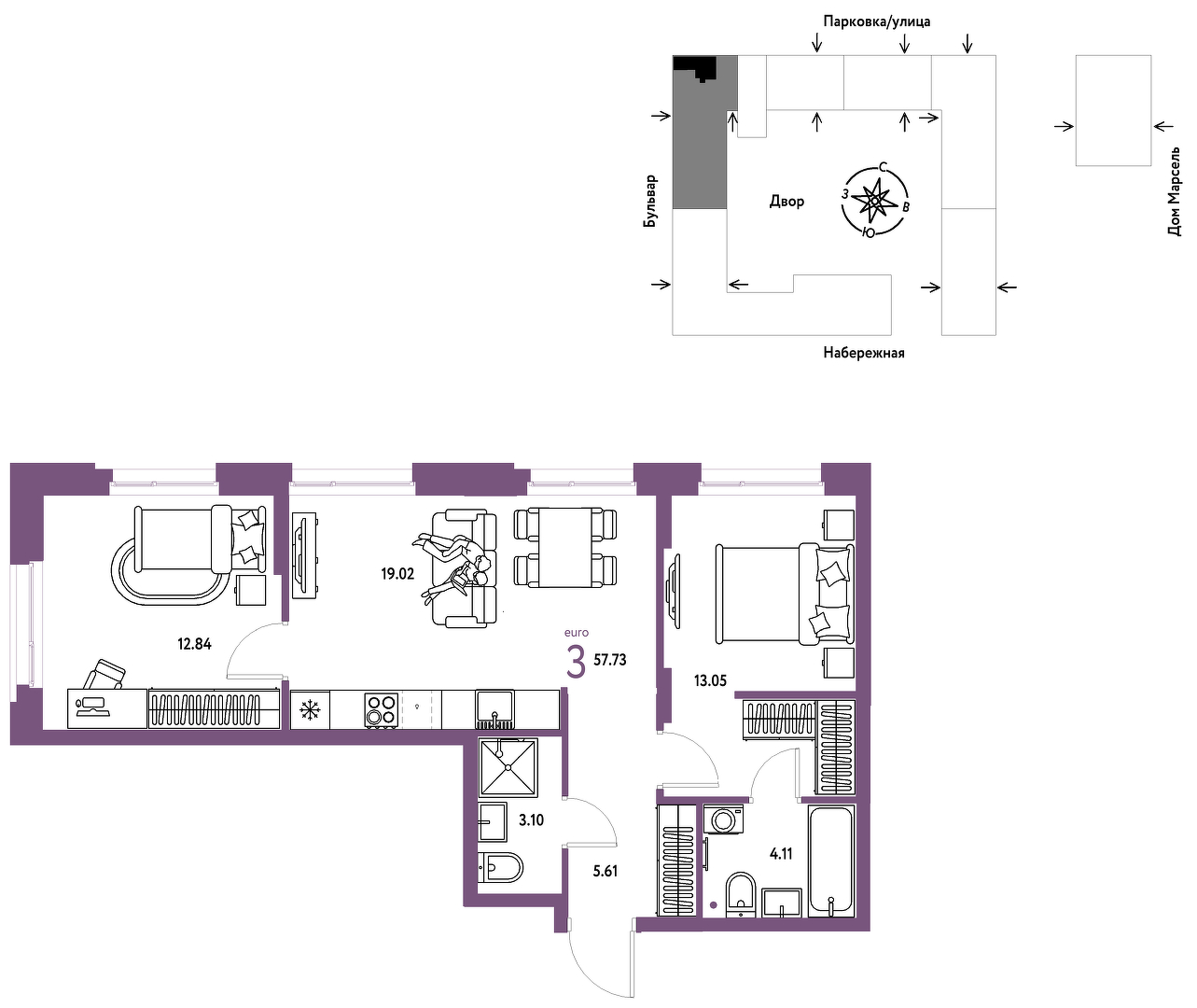 Планировка: Евротрешка 57.7 м² в ЖК Европейский берег 2.0, Европейский