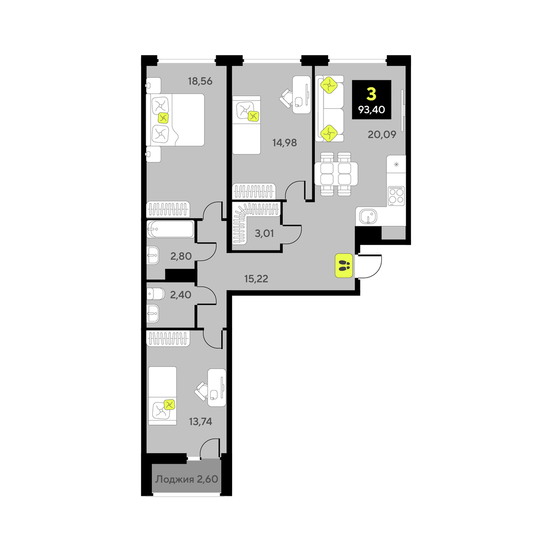 Планировка: 4-комнатная евро 89.2 м² в ЖК Дивный квартал у озера, 5-й Заречный