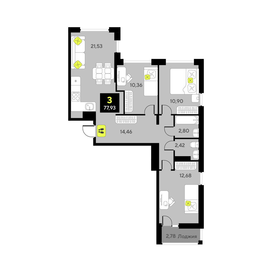 Планировка: 4-комнатная евро 74.7 м² в ЖК Дивный квартал у озера, 5-й Заречный