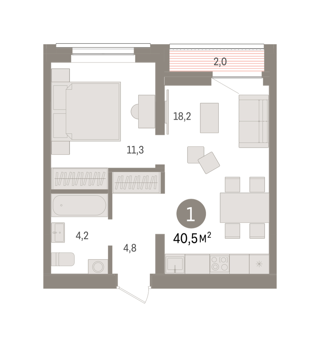 Планировка: Евродвушка 40.5 м² в ЖК Речной порт, Центр: Дом печати