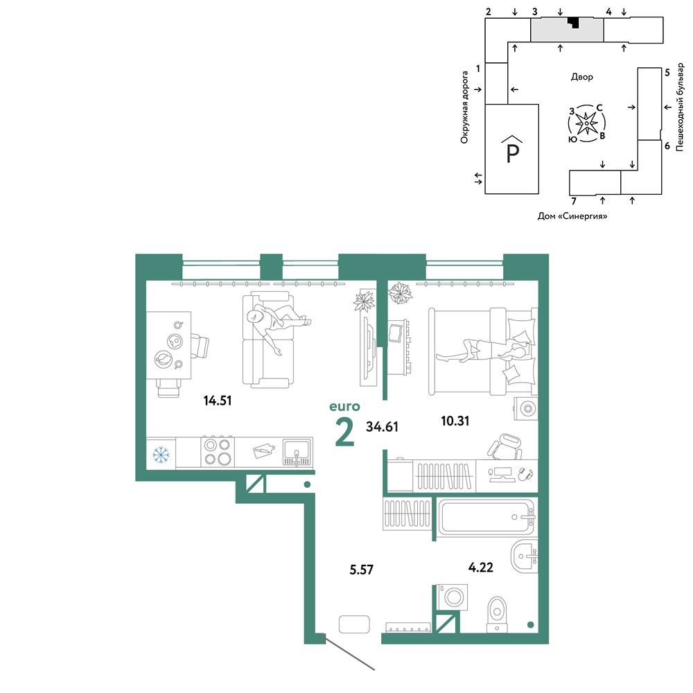 Планировка: Евродвушка 34.6 м² в ЖК Юнион, Плеханово