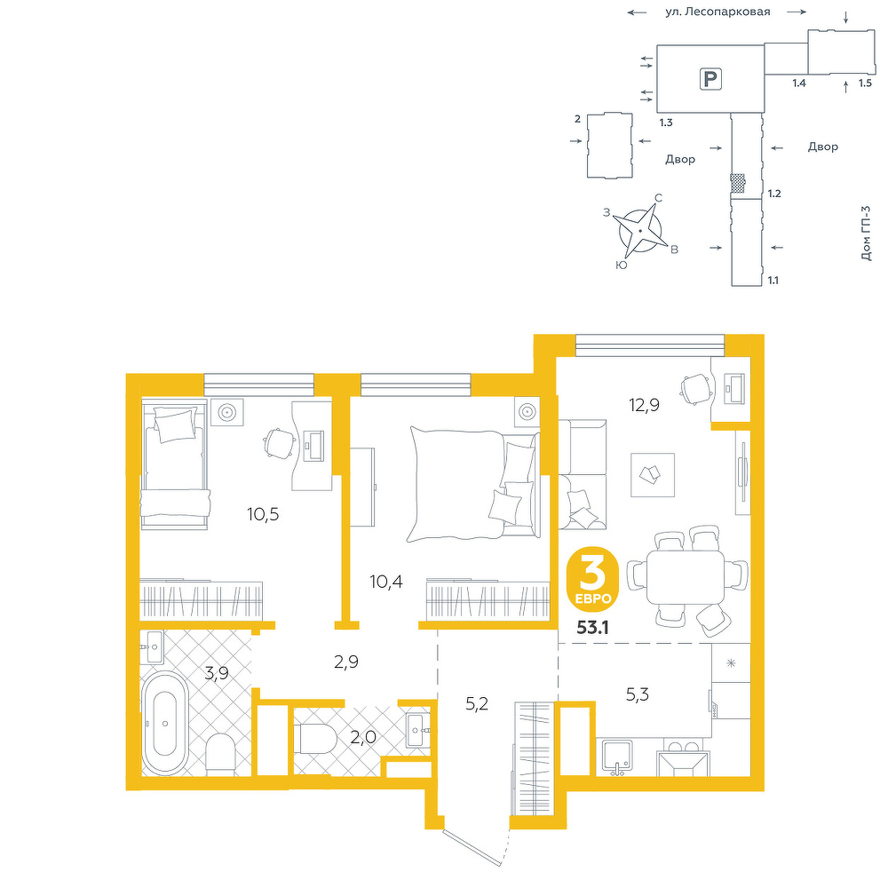 Планировка: Евротрешка 53.2 м² в ЖК Чистые пруды, Лесобаза: Тура
