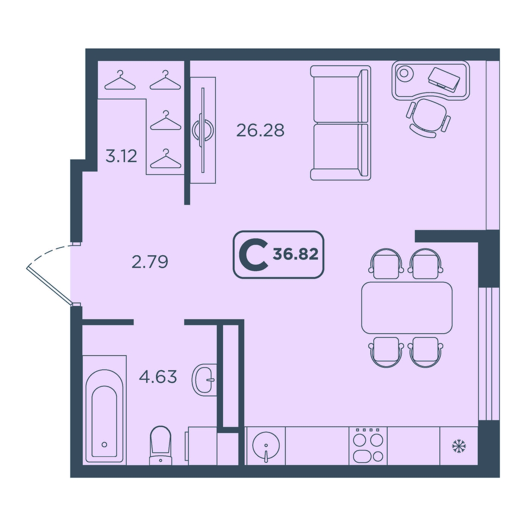 Планировка: Студия 36.8 м² в ЖК Континент, Червишевский тракт