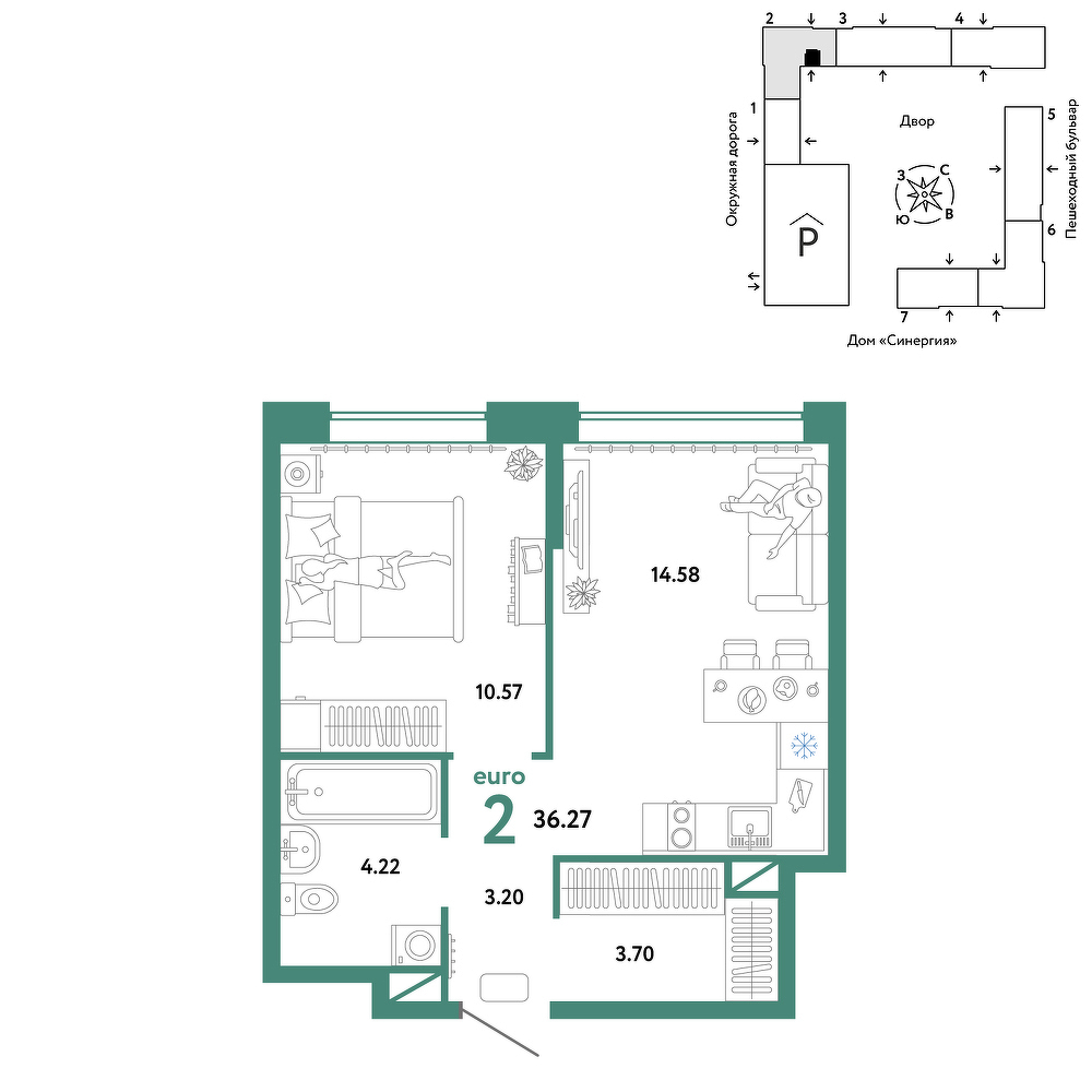 Планировка: Евродвушка 36.3 м² в ЖК Юнион, Плеханово