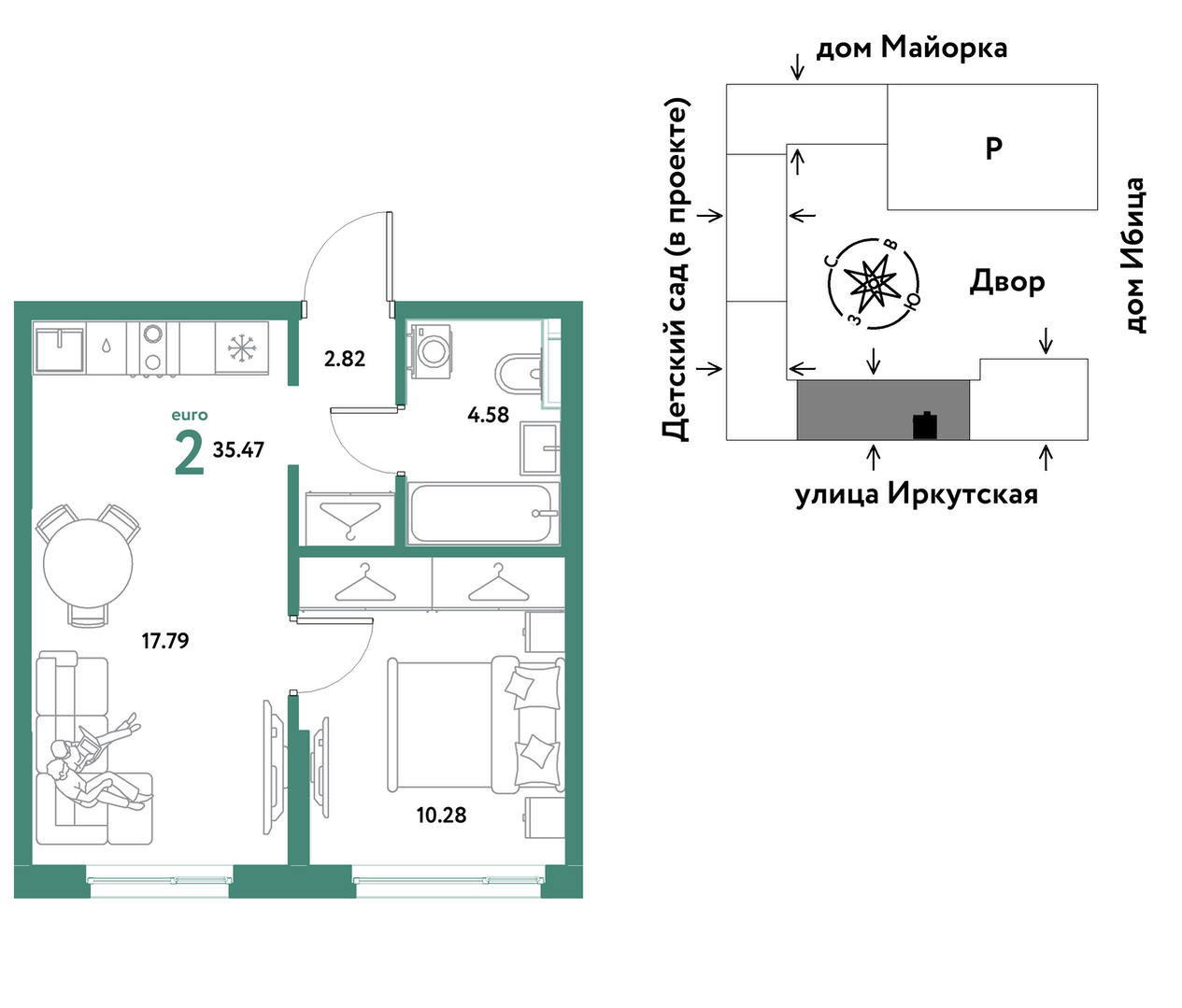 Планировка: Евродвушка 35.5 м² в ЖК Остров-сад, ДОК