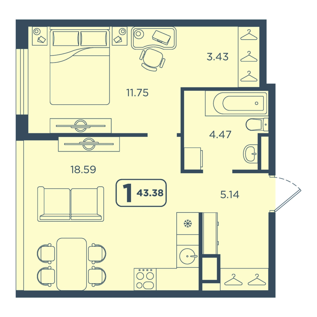 Планировка: Евродвушка 43.4 м² в ЖК Континент, Червишевский тракт