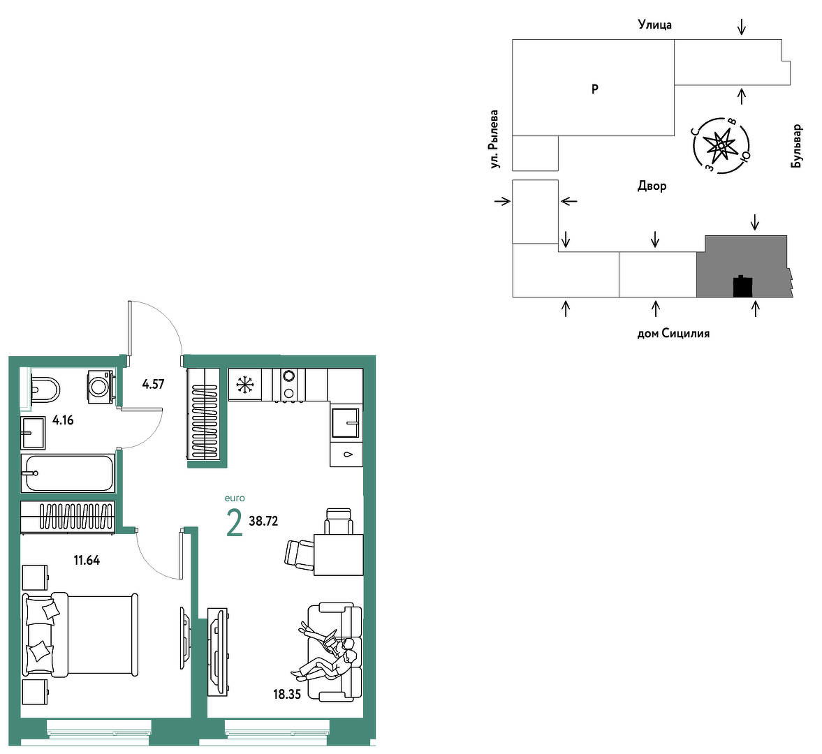 Планировка: Евродвушка 38.7 м² в ЖК Остров-сад, ДОК