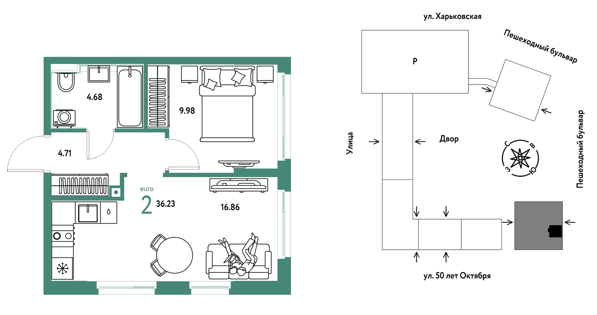 Планировка: Евродвушка 36.2 м² в ЖК Сердце Сибири, Центр: КПД