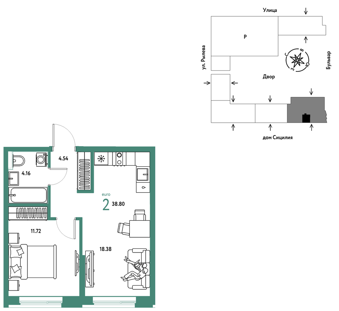 Планировка: Евродвушка 38.8 м² в ЖК Остров-сад, ДОК