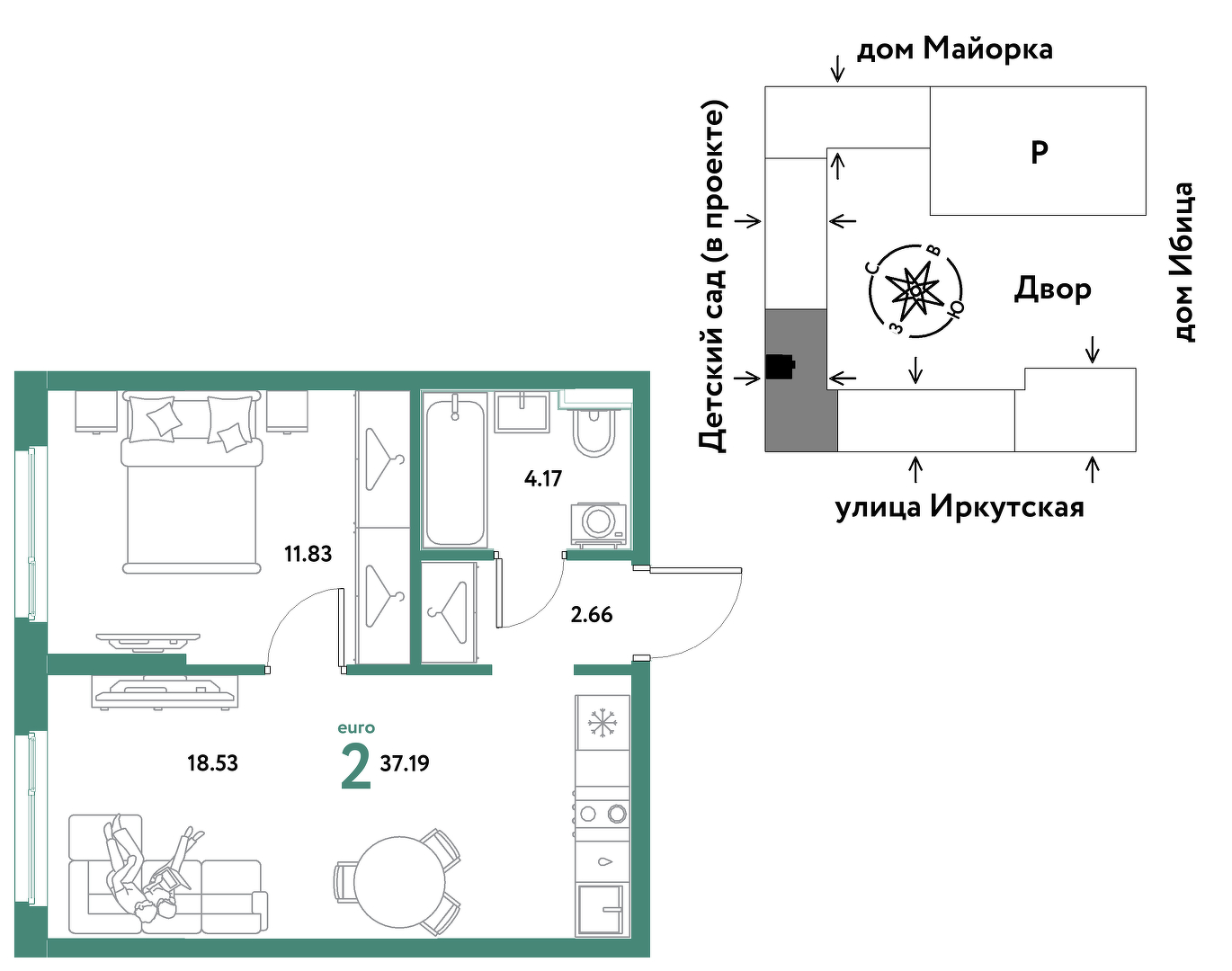 Планировка: Евродвушка 37.2 м² в ЖК Остров-сад, ДОК