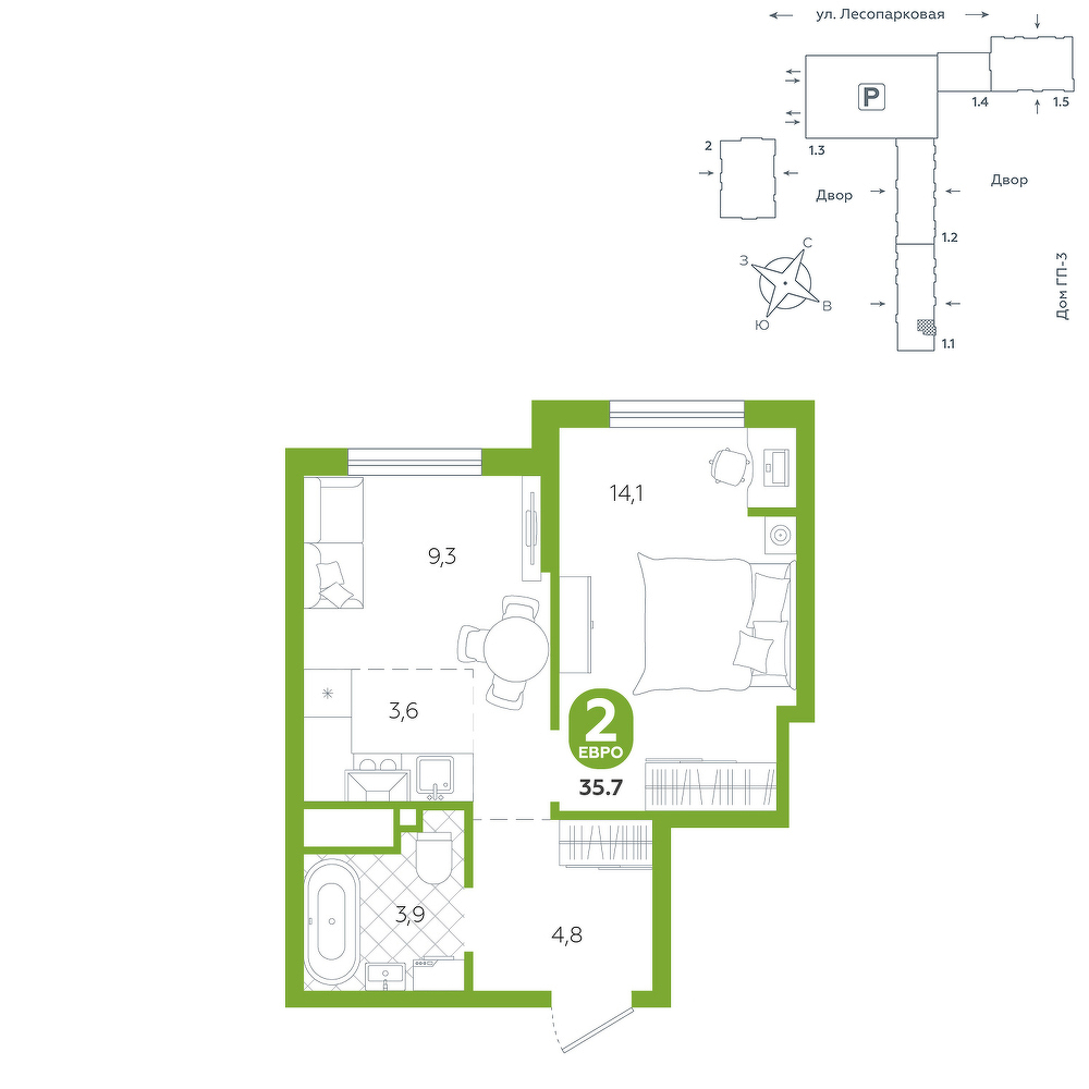 Планировка: 1-комнатная 35.7 м² в ЖК Чистые пруды, Лесобаза: Тура