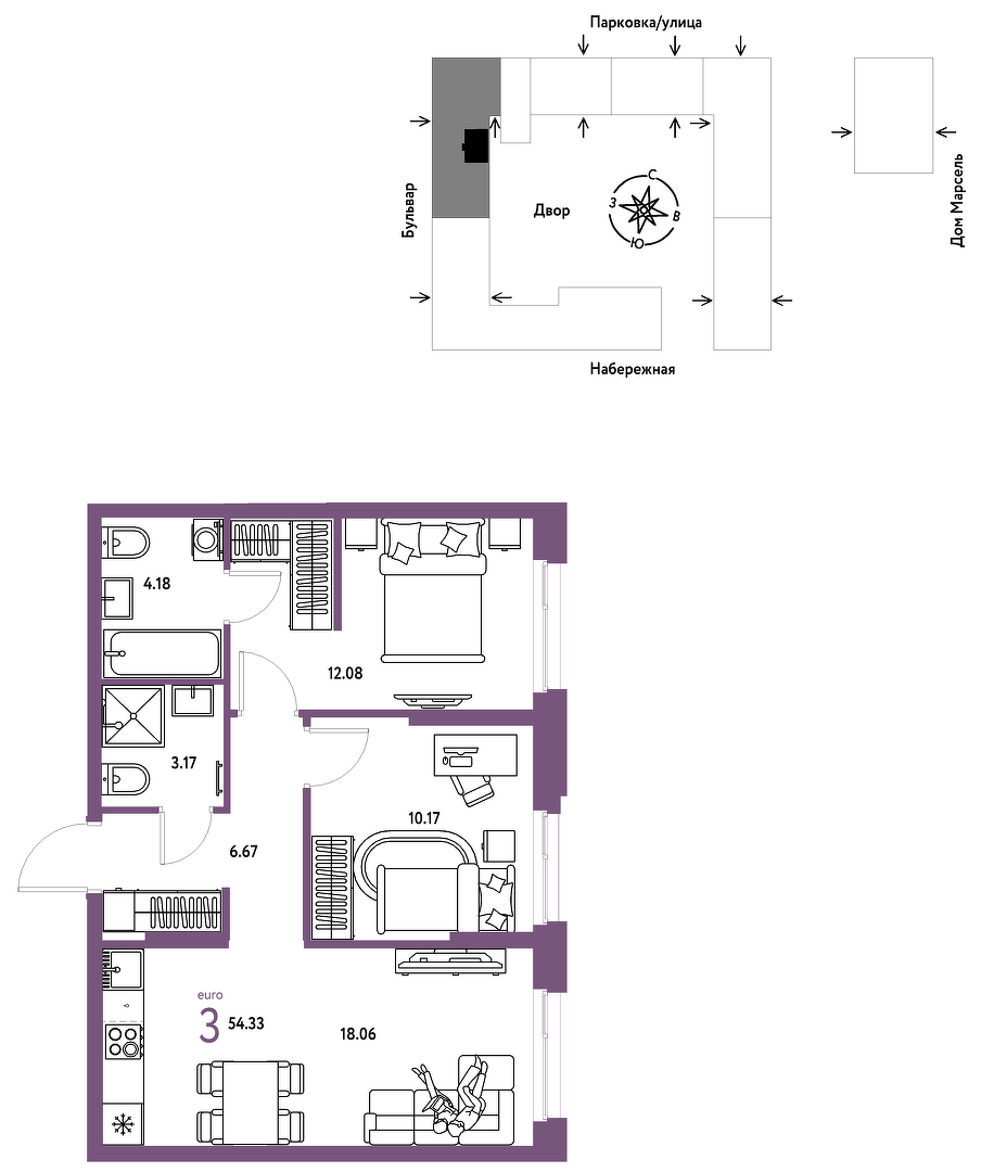 Планировка: Евротрешка 54.3 м² в ЖК Европейский берег 2.0, Европейский