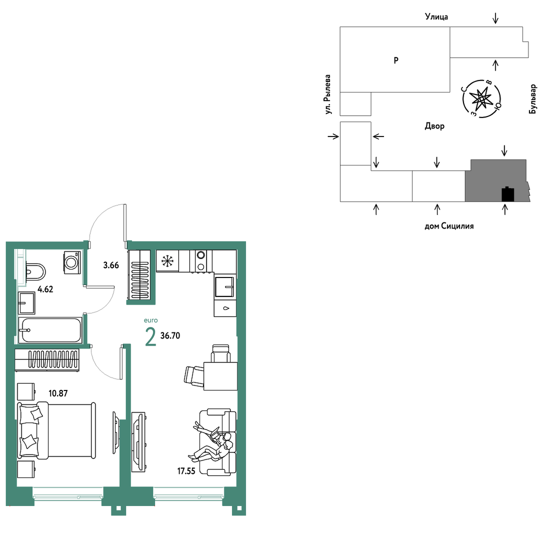 Планировка: Евродвушка 36.7 м² в ЖК Остров-сад, ДОК