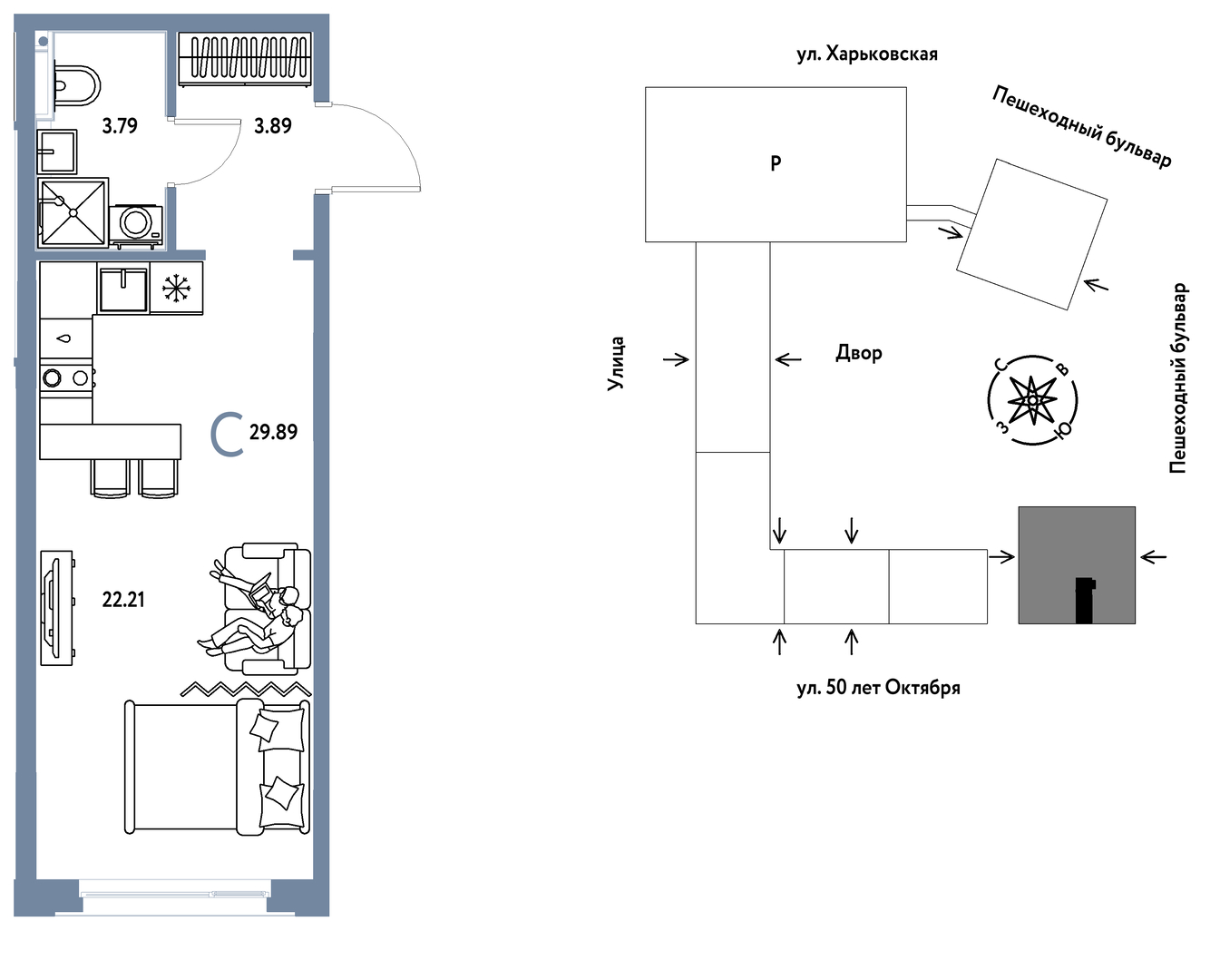 Планировка: Студия 29.9 м² в ЖК Сердце Сибири, Центр: КПД