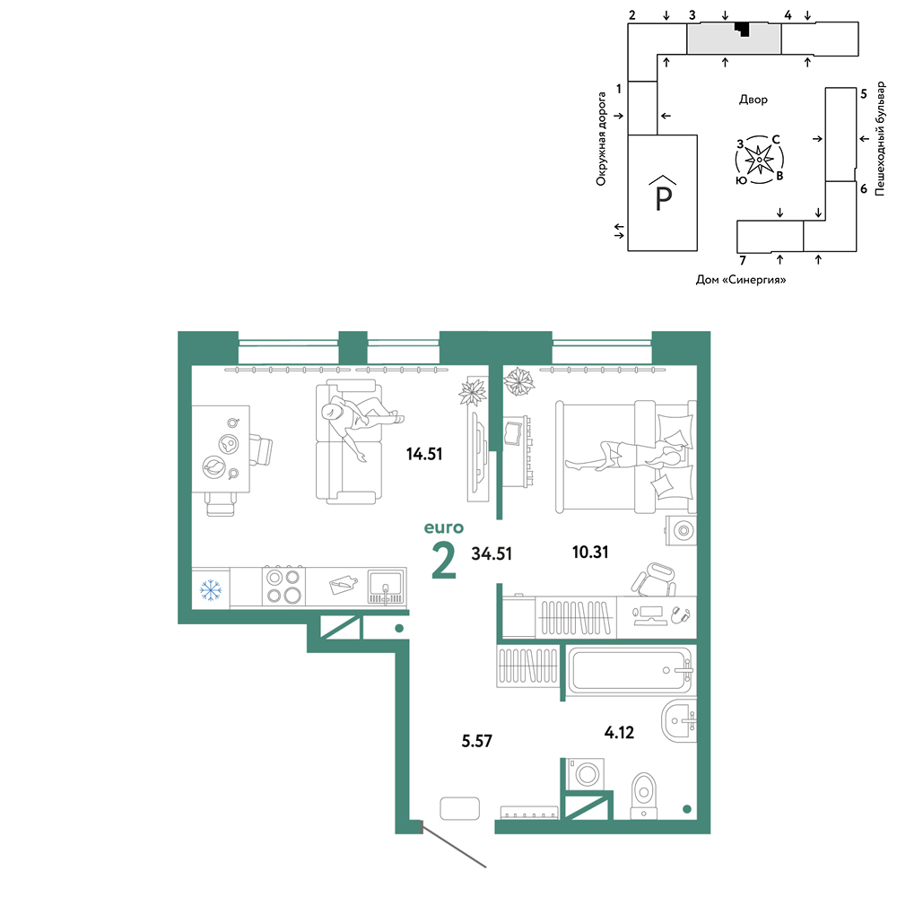 Планировка: Евродвушка 34.5 м² в ЖК Юнион, Плеханово