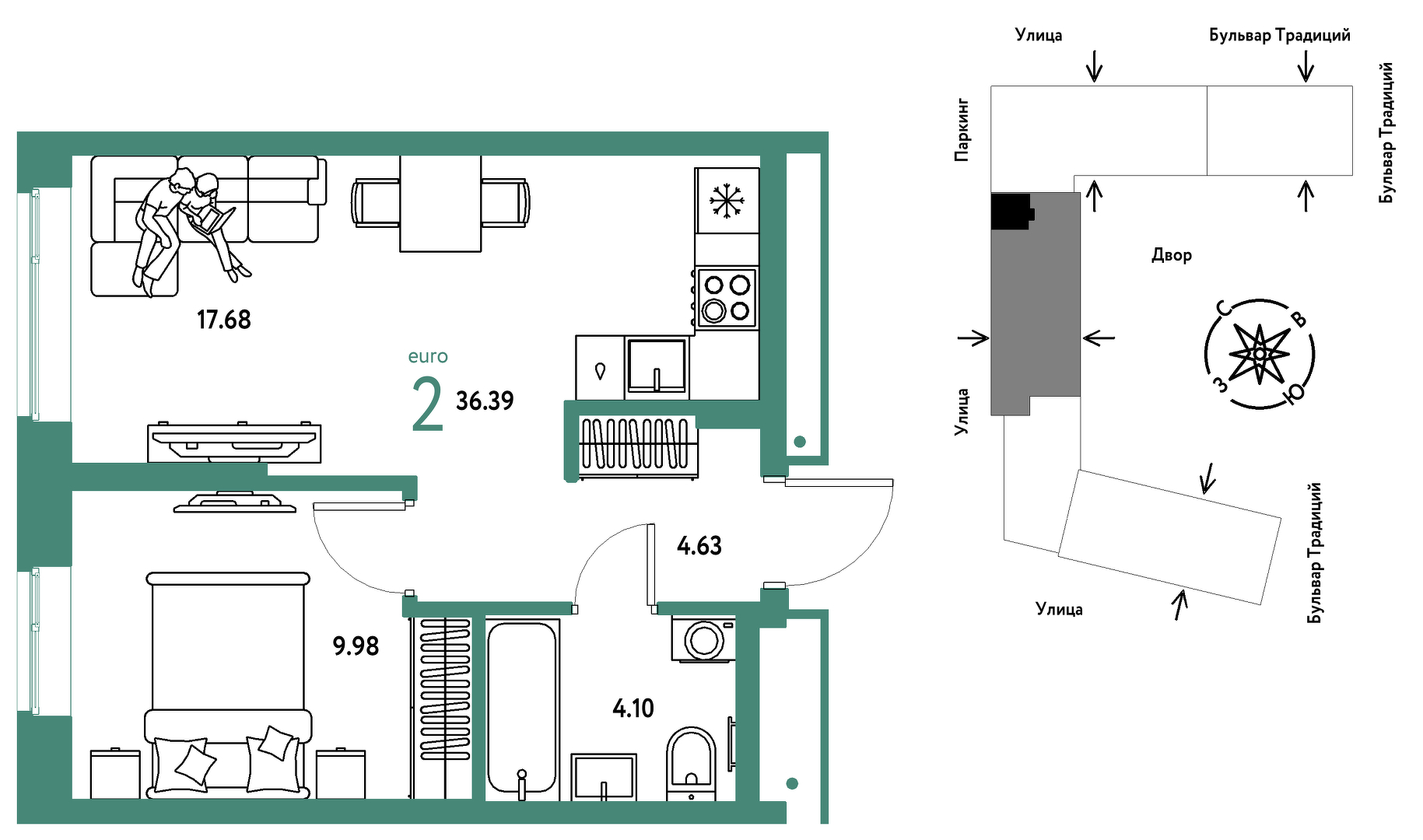 Планировка: Евродвушка 36.4 м² в ЖК Домашний, Плеханово