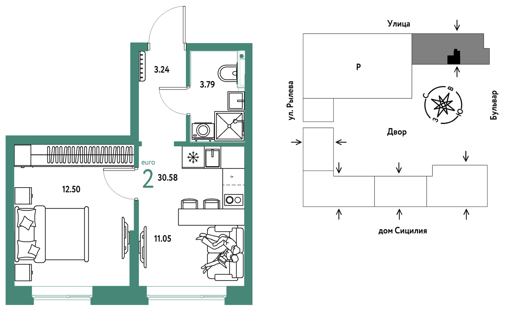 Планировка: 1-комнатная 30.6 м² в ЖК Остров-сад, ДОК