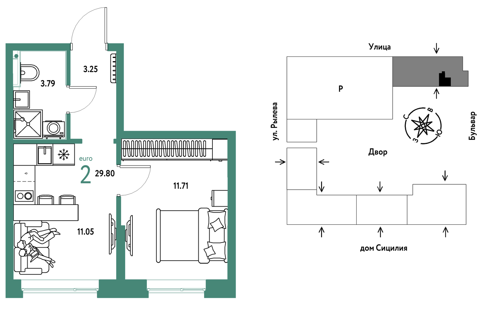 Планировка: 1-комнатная 29.8 м² в ЖК Остров-сад, ДОК