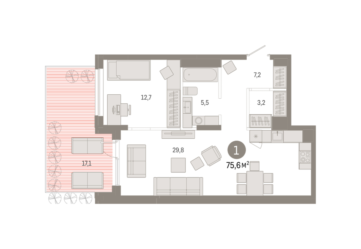 Планировка: Евродвушка 75.5 м² в ЖК Республики 205, Центр: КПД