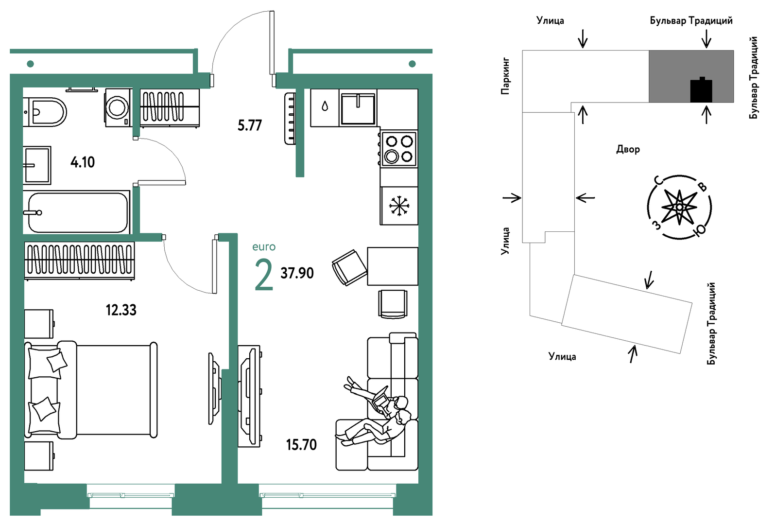 Планировка: Евродвушка 37.9 м² в ЖК Домашний, Плеханово