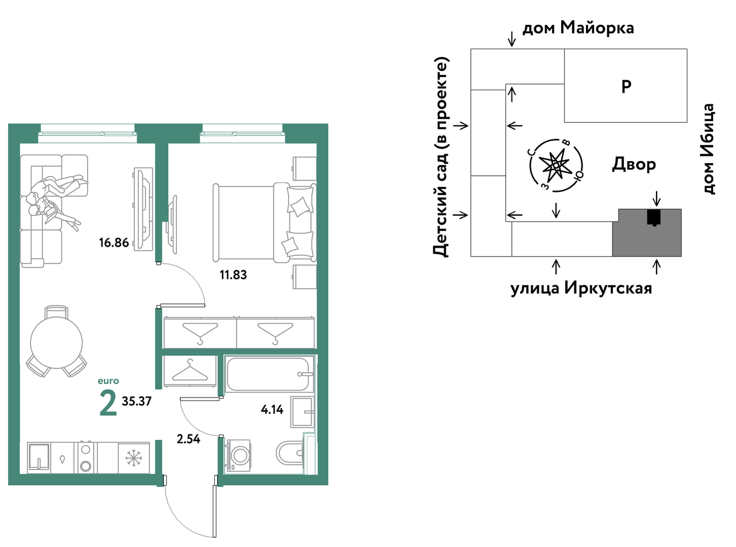 Планировка: Евродвушка 35.4 м² в ЖК Остров-сад, ДОК