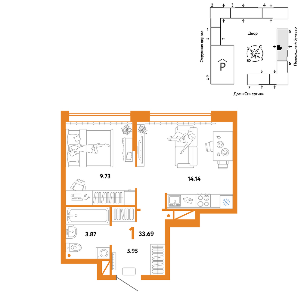 Планировка: Евродвушка 33.7 м² в ЖК Юнион, Плеханово