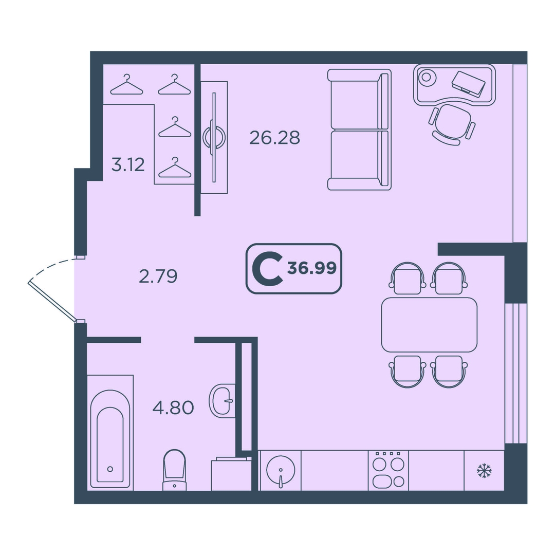 Планировка: Студия 37 м² в ЖК Континент, Червишевский тракт