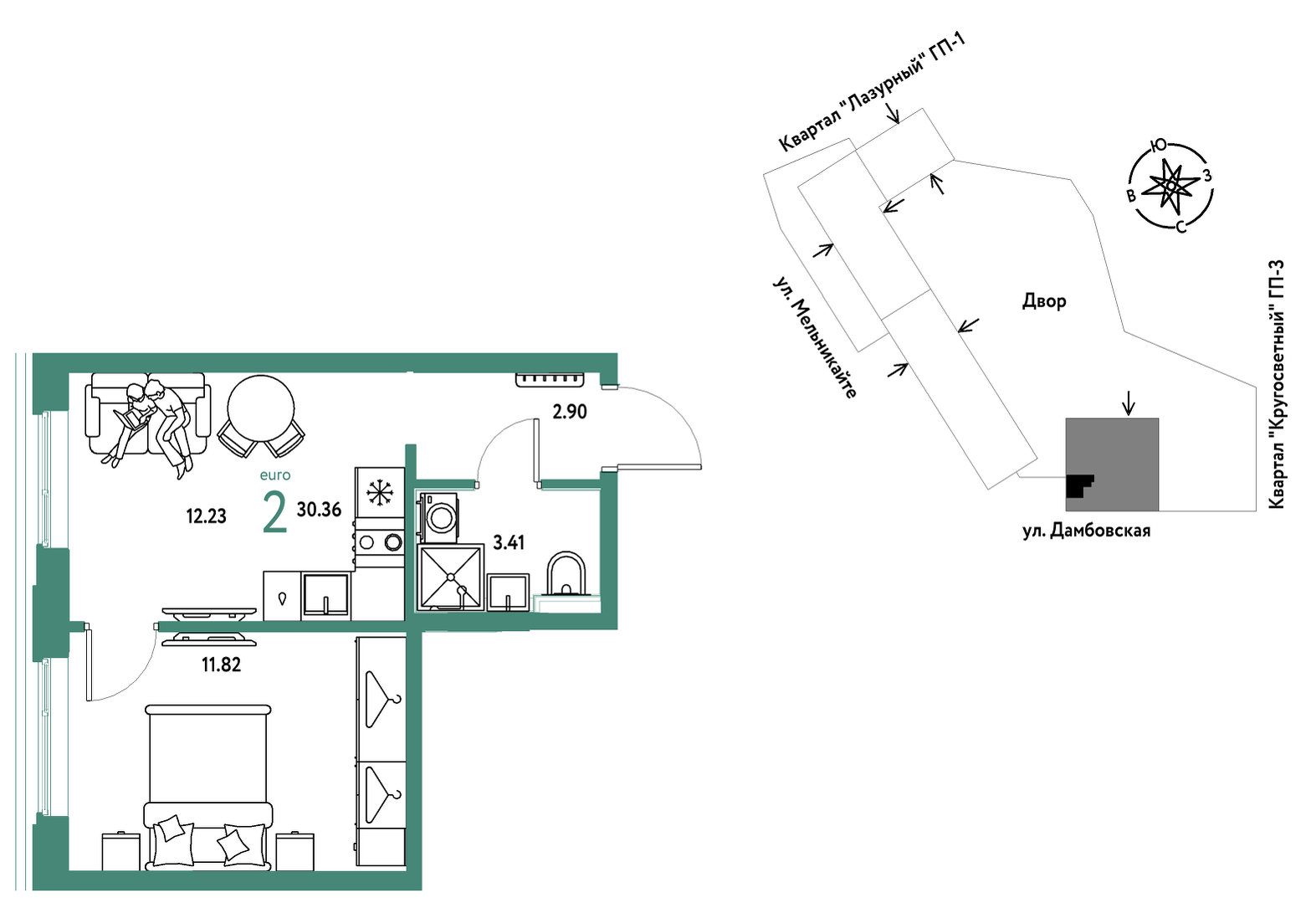 Планировка: 1-комнатная 30.4 м² в ЖК Страна. Прибрежная, Центр: Студгородок