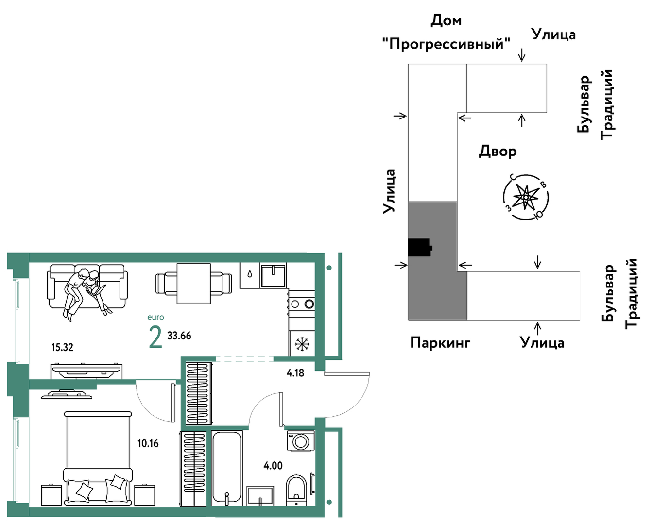 Планировка: Евродвушка 33.7 м² в ЖК Домашний, Плеханово