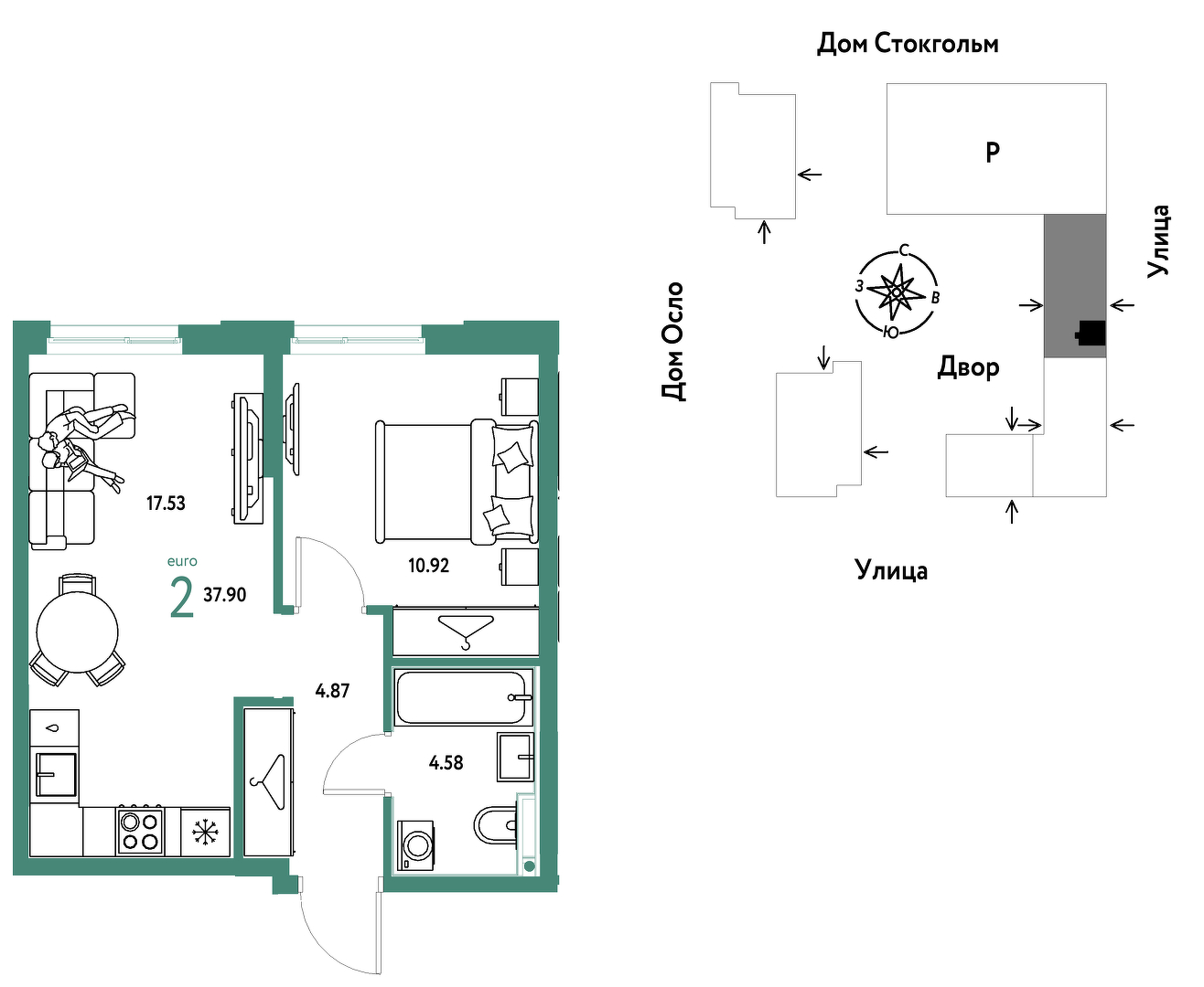 Планировка: Евродвушка 37.9 м² в ЖК Европейский берег 2.0, Европейский