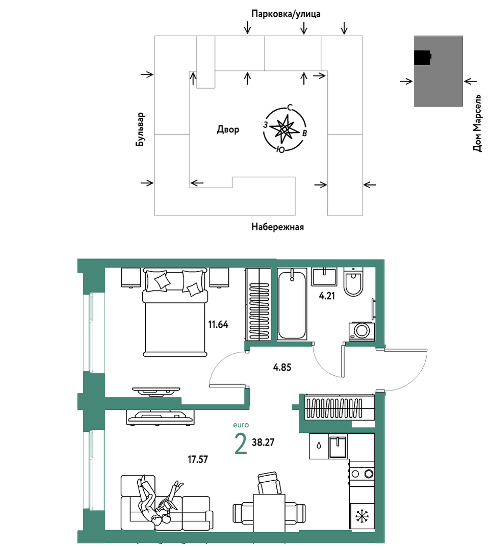 Планировка: Евродвушка 38.3 м² в ЖК Европейский берег 2.0, Европейский