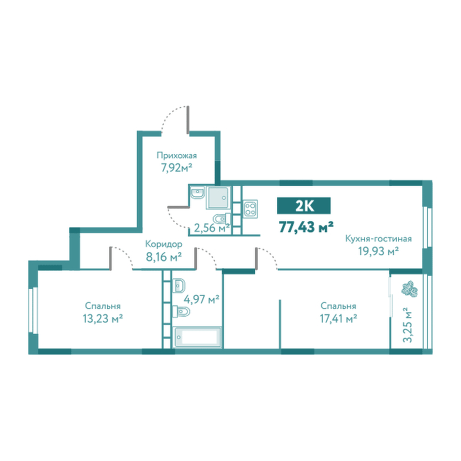 Планировка: Евротрешка 77.4 м² в ЖК Акватория, Лесобаза