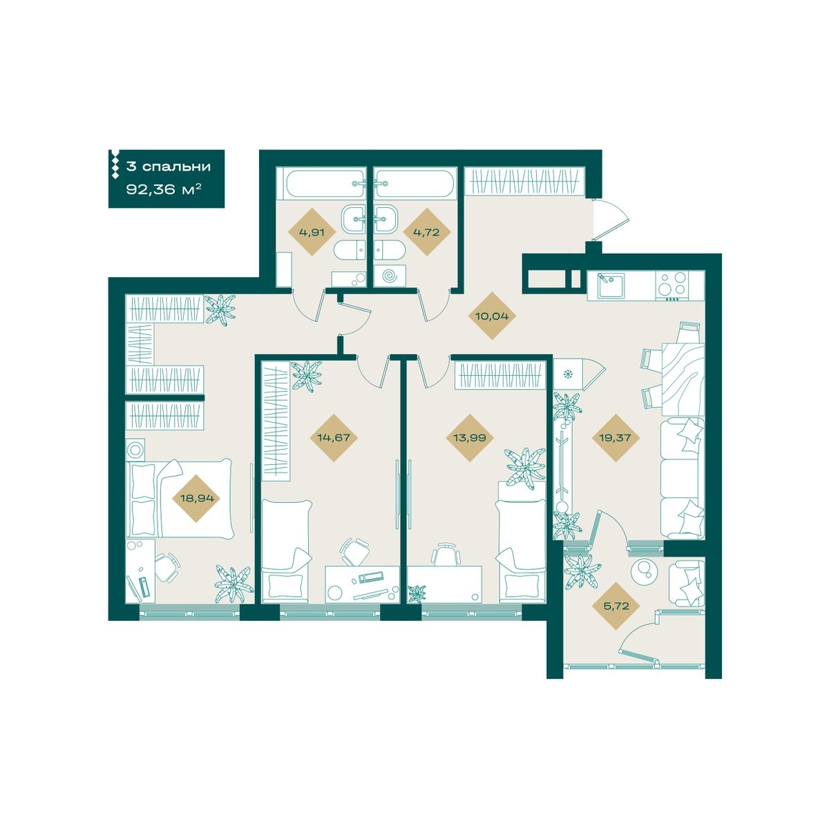 Планировка: 4-комнатная евро 92.4 м² в ЖК Секреты, 5-й Заречный