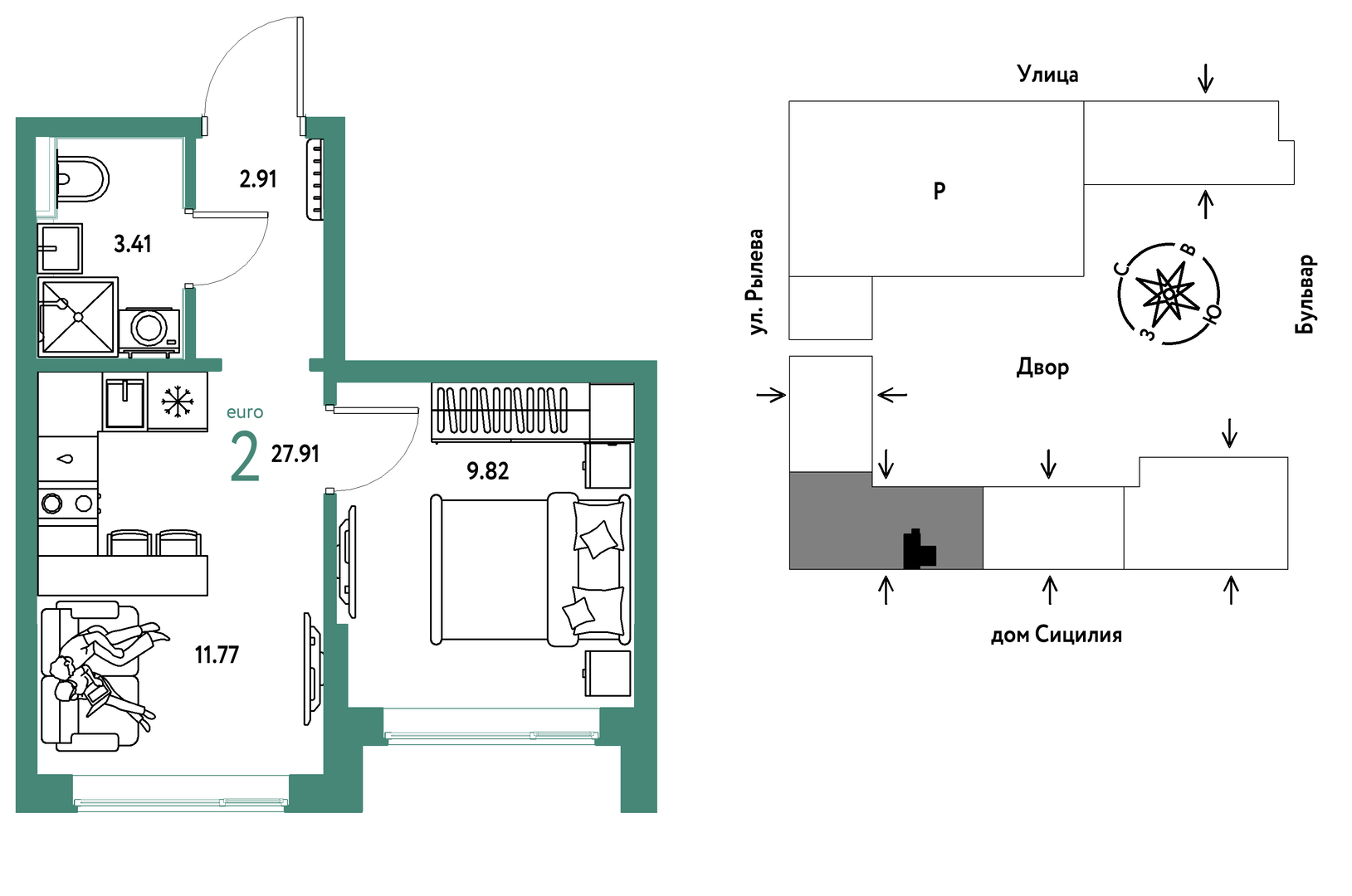 Планировка: 1-комнатная 27.9 м² в ЖК Остров-сад, ДОК