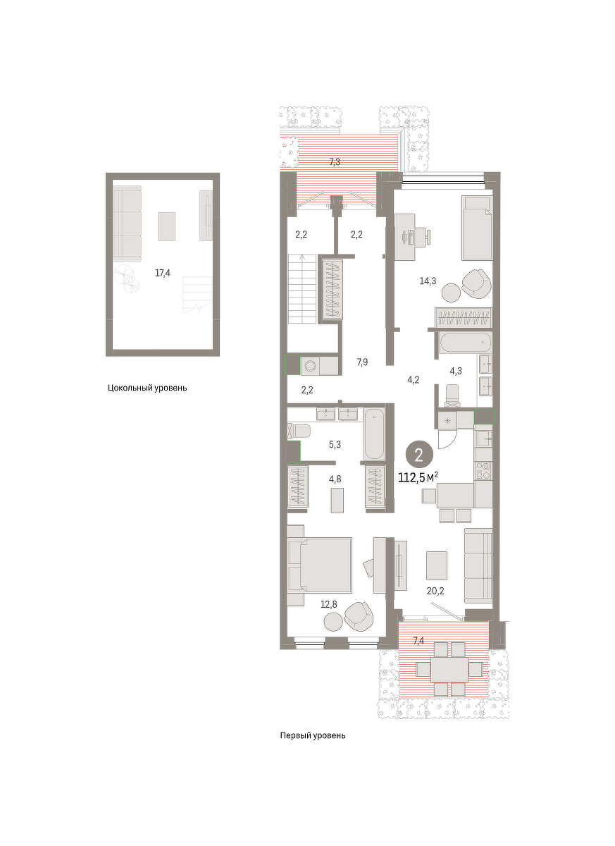 Планировка: Евротрешка 112.5 м² в ЖК Зарека, Заречный