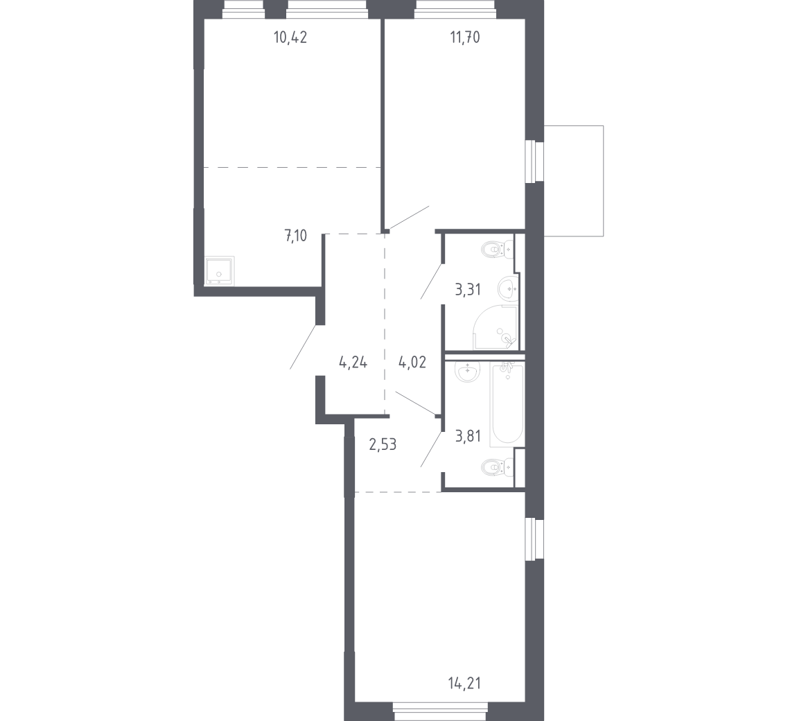 Планировка: Евротрешка 61.3 м² в ЖК Чаркова 72, Мыс