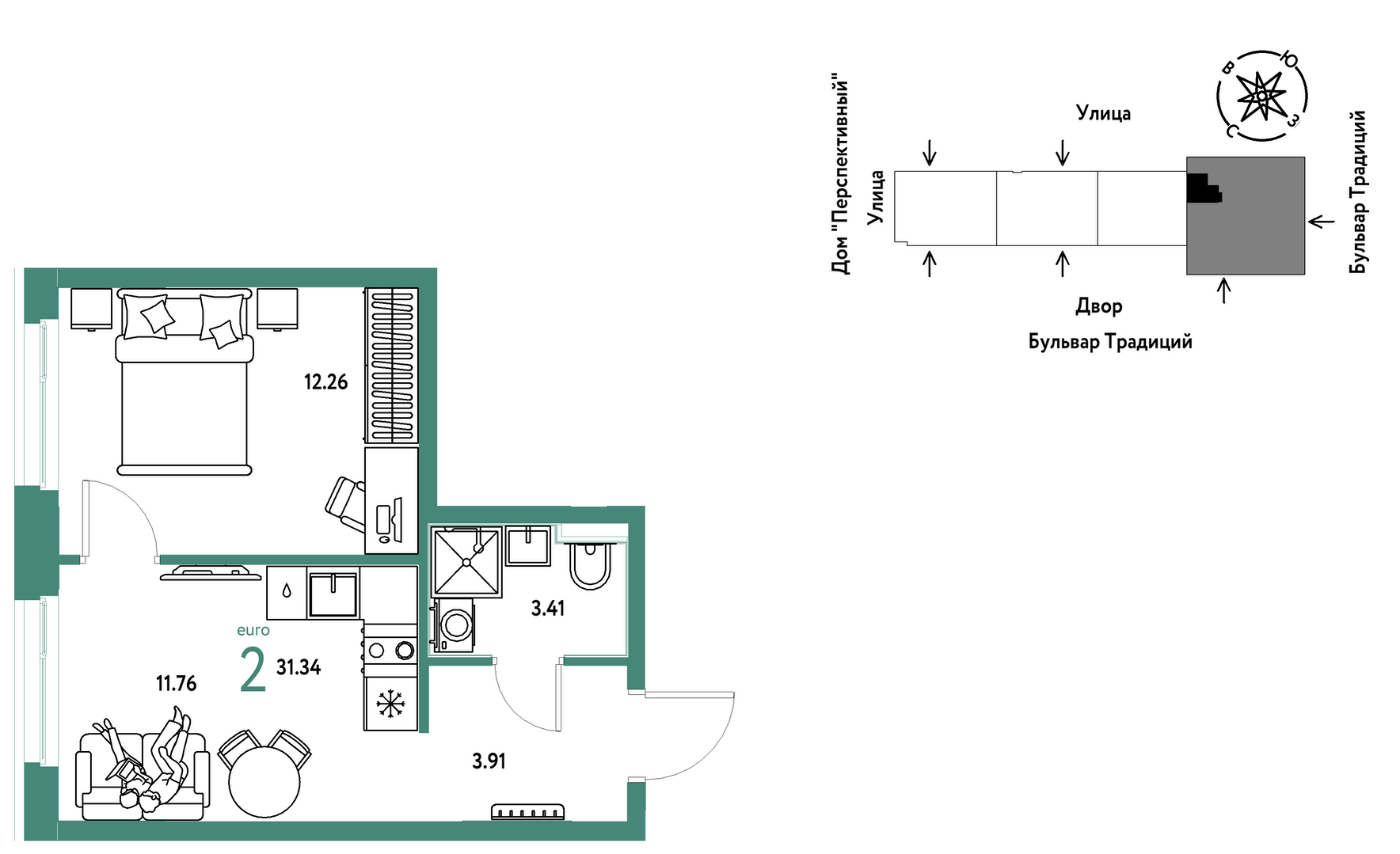 Планировка: 1-комнатная 31.3 м² в ЖК Домашний, Плеханово