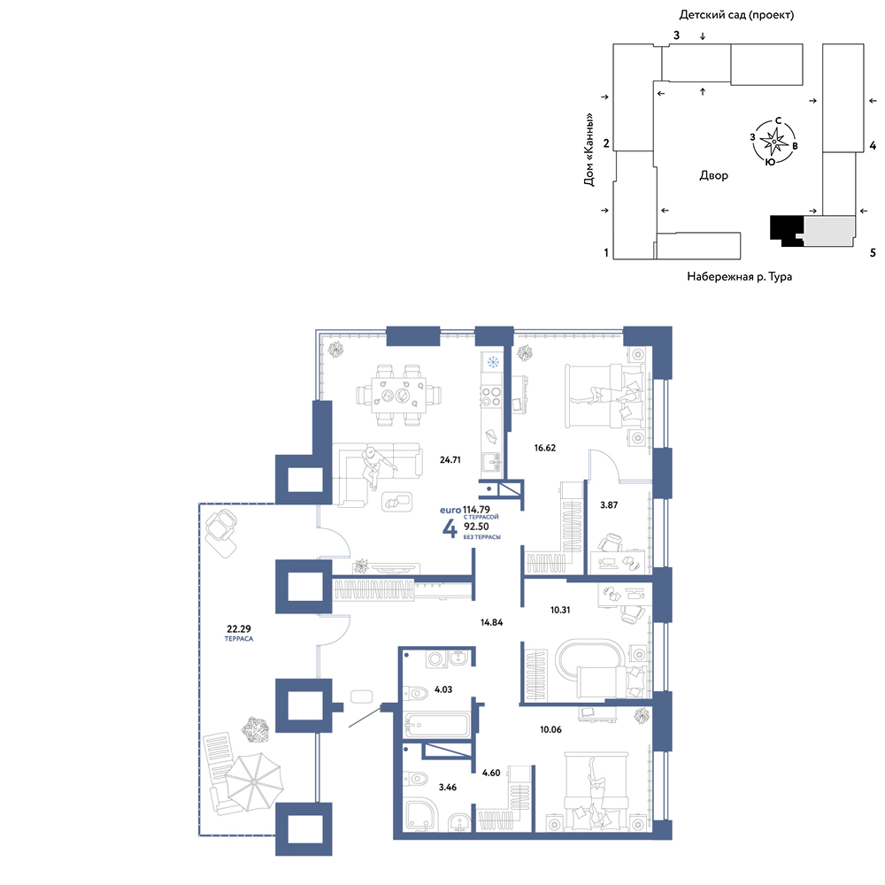 Планировка: 4-комнатная евро 114.8 м² в ЖК Европейский берег 2.0, Европейский
