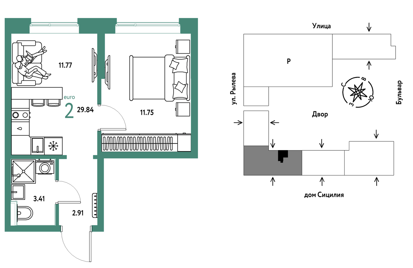 Планировка: 1-комнатная 29.8 м² в ЖК Остров-сад, ДОК