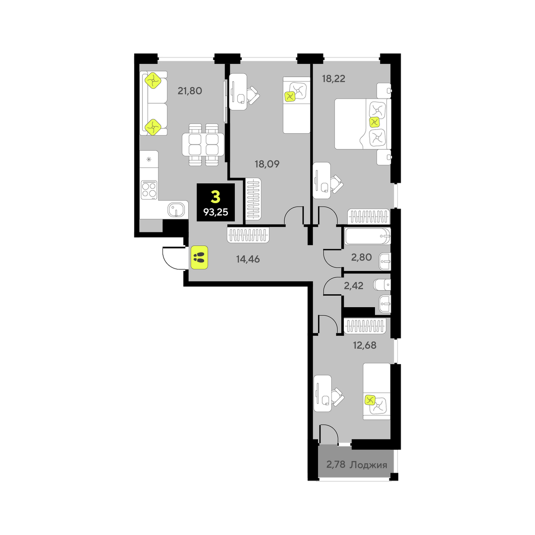 Планировка: 4-комнатная евро 89.9 м² в ЖК Дивный квартал у озера, 5-й Заречный