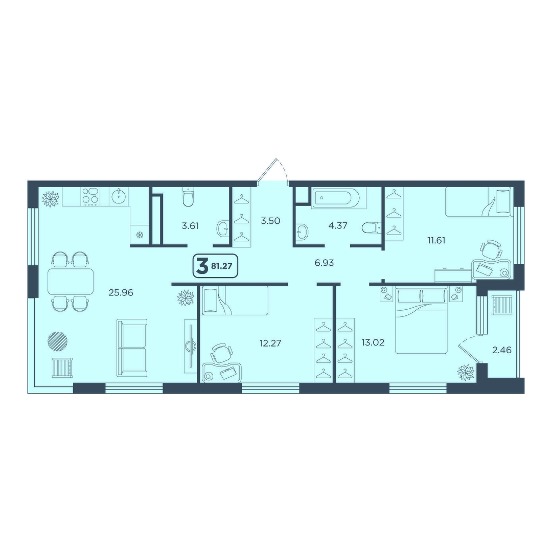 Планировка: 4-комнатная евро 81.3 м² в ЖК Континент, Червишевский тракт