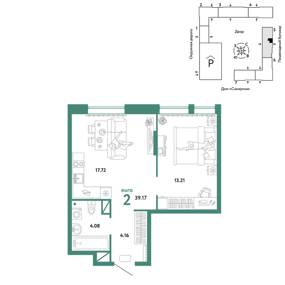 Планировка: Евродвушка 39.2 м² в ЖК Юнион, Плеханово