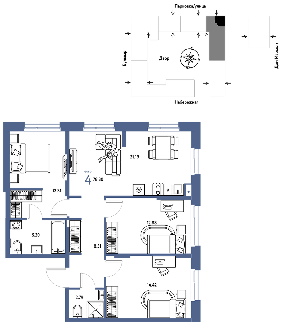 Планировка: 4-комнатная евро 78.3 м² в ЖК Европейский берег 2.0, Европейский