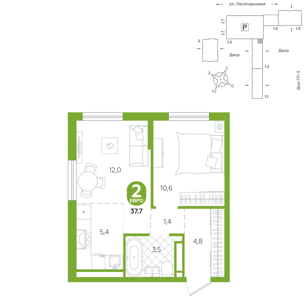 Планировка: Евродвушка 37.7 м² в ЖК Чистые пруды, Лесобаза: Тура