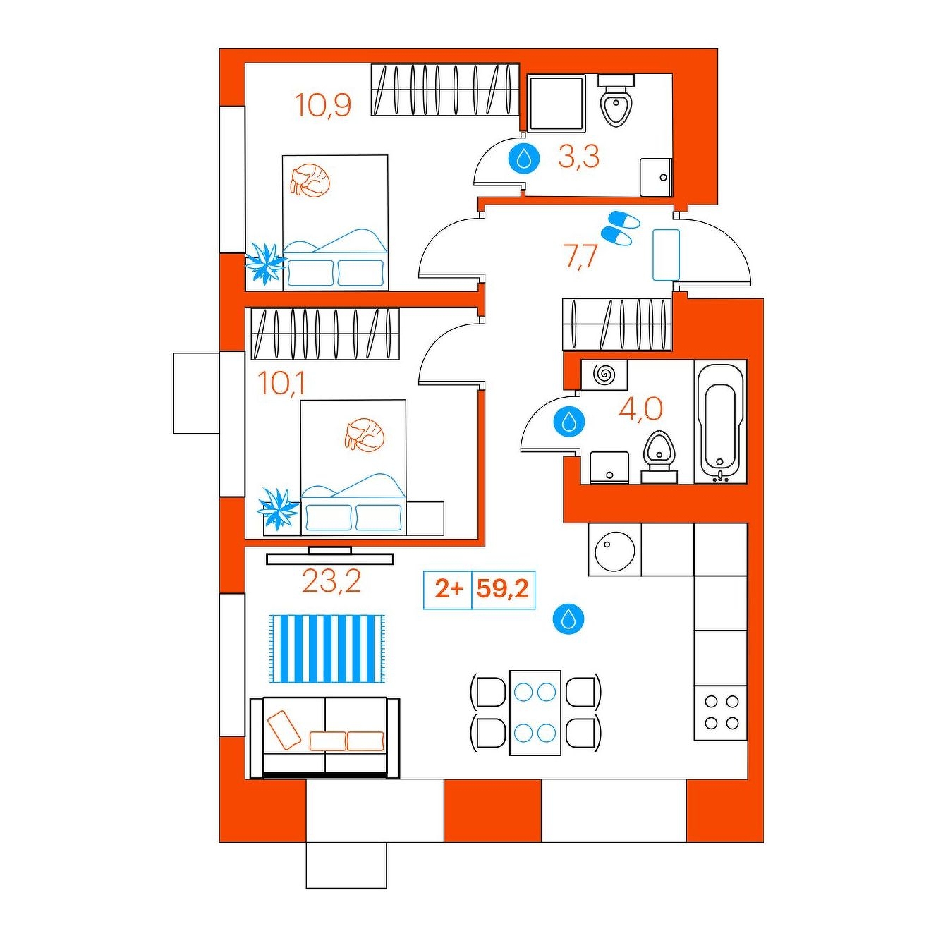 Планировка: Евротрешка 59.2 м² в ЖК Supersky, Ватутина