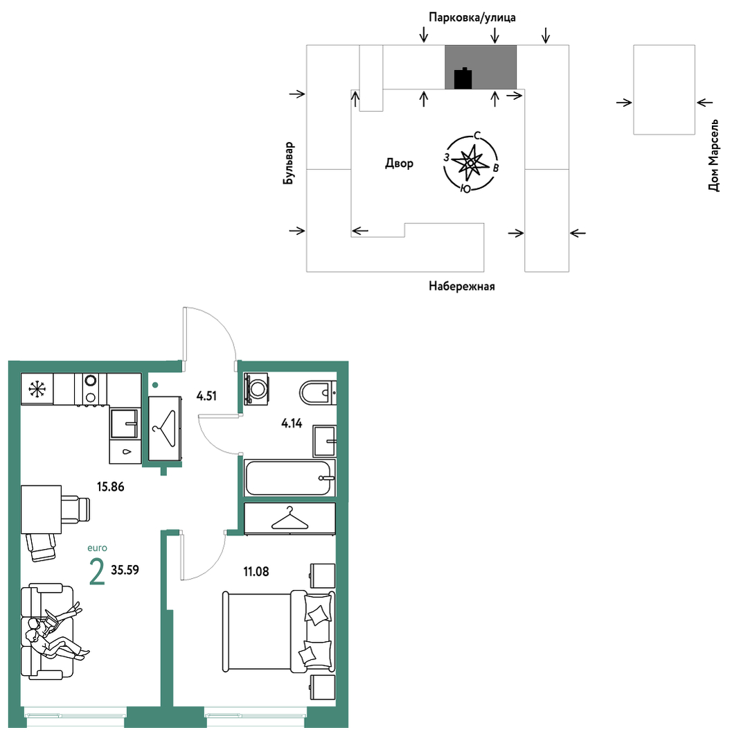 Планировка: Евродвушка 35.6 м² в ЖК Европейский берег 2.0, Европейский