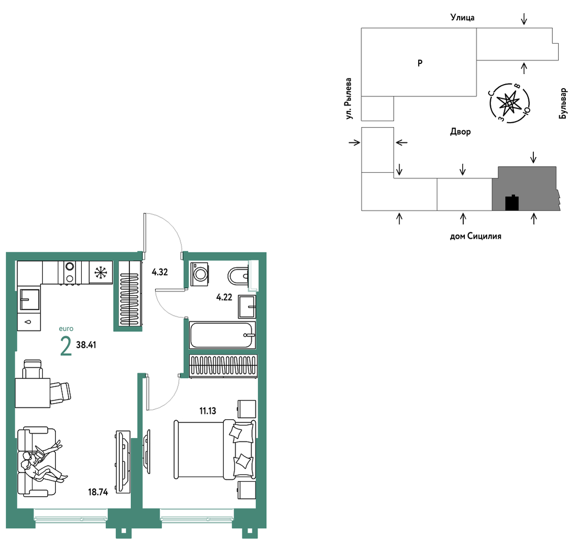 Планировка: Евродвушка 38.4 м² в ЖК Остров-сад, ДОК