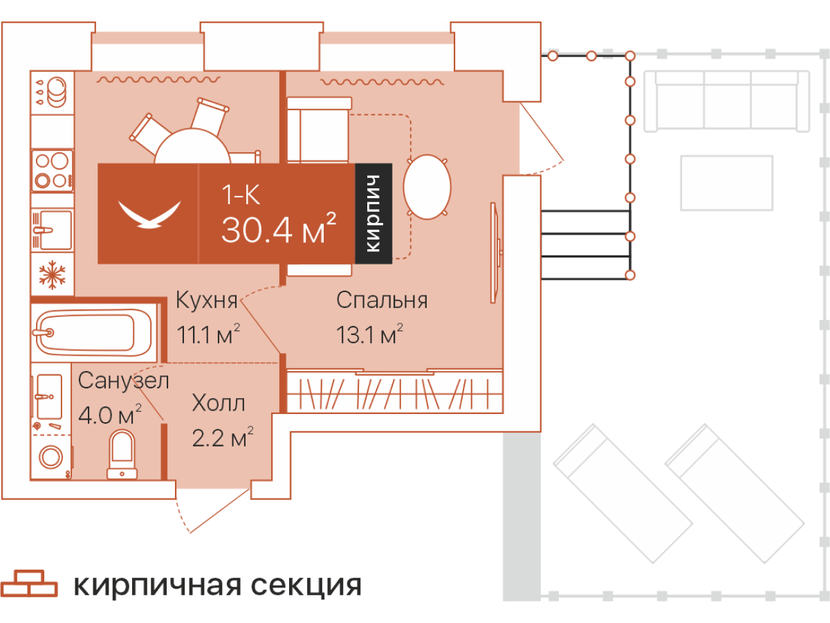 Планировка: 1-комнатная 30.4 м² в ЖК Дом на Большой Спасской, Воровского